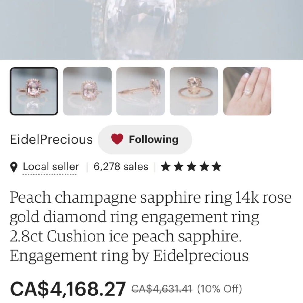 14k rose gold, diamond and emerald cut peach sapphire engagement ring - Picture 14 of 16